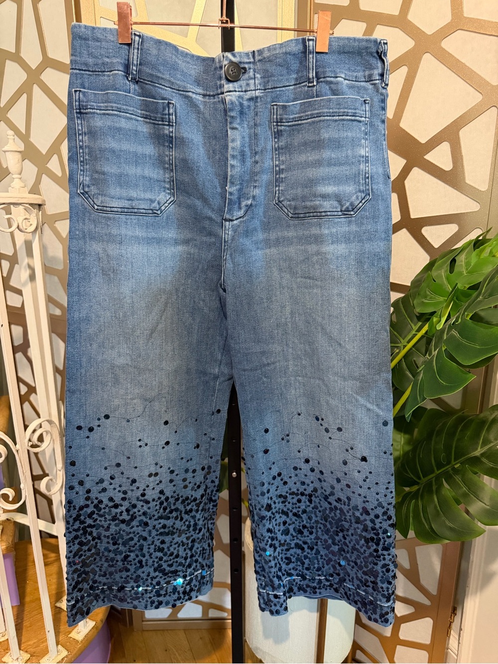 Maeve The Colette Wide Leg Cropped Sequin Jeans Size 33P Blue Anthropologie